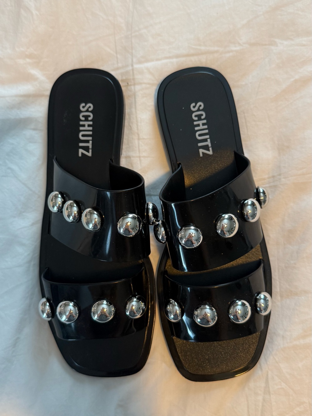 SCHUTZ Black Double-Strap Slide Sandals with Silver Studs - Picture 3 of 5